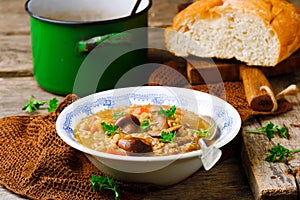 MUSHROOM BARLEY SOUP.selective focus