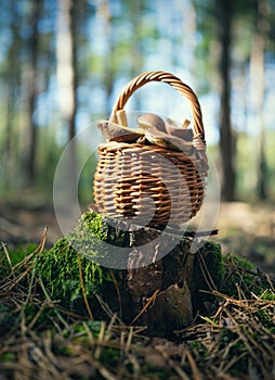Mushroom Boletus in wooden wicker basket on stump. Autumn cep mushrooms harvested in forest.