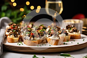 mushroom bruschetta shared on festive dinner table