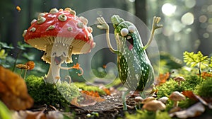 A mushroom busting out the worm dance while a zucchini awkwardly tries to keep up showing off their wild and wacky dance photo
