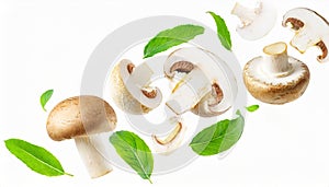 mushroom champignon with half slices champignon falling or flying in the air with green leaves isolated on white