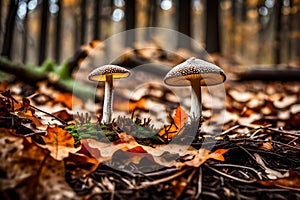 Mushroom closeup peaceful tranquil scene forest floor ground leaves