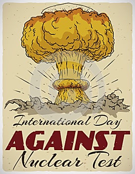 Mushroom Cloud in Retro Design for Day Against Nuclear Tests, Vector Illustration