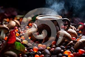 Mushroom coffee with extracts of medicinal mushrooms in ceramic cup. Abstract fantasy background. Medicinal and good for