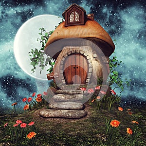 Mushroom cottage with flowers