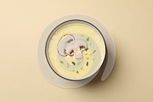 Mushroom cream soup on background