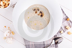 Mushroom Cream Soup in Bowl Top Down Flatlay View