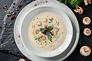 Mushroom Cream Soup, Cappuccino Soup with Porcini Mushrooms and Truffles, Molecular Dish