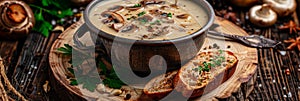 Mushroom Cream Soup, Creamy Soup Made of Champignons, Boletus or Ceps with Rye Bread Toasts photo