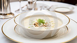 Mushroom cream soup in a restaurant, English countryside exquisite cuisine menu, culinary art food and fine dining