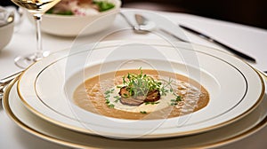 Mushroom cream soup in a restaurant, English countryside exquisite cuisine menu, culinary art food and fine dining