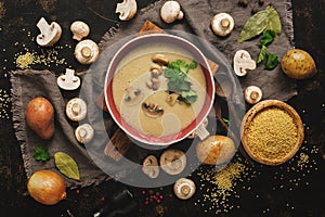 Mushroom cream soup on rustic background. Winter warming soup. Top view,overhead. Dark food photo