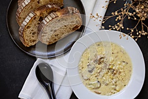Mushroom cream soup with sliced bread toast