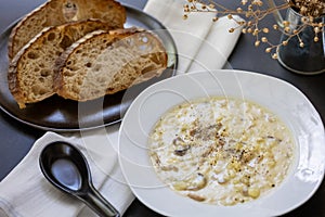 Mushroom cream soup with sliced bread toast