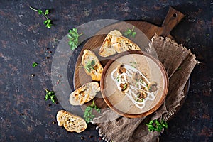 Mushroom cream soup. Vegan food. Dietary menu. Top view.