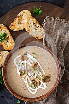 Mushroom cream soup. Vegan food. Dietary menu. Top view.