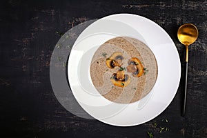 Mushroom cream soup. Vegan food. Dietary menu. Top view, flat lay