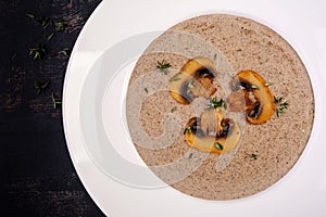 Mushroom cream soup. Vegan food. Dietary menu. Top view, flat lay