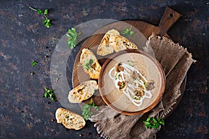 Mushroom cream soup. Vegan food. Dietary menu. Top view. photo