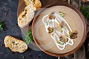 Mushroom cream soup. Vegan food. Dietary menu. Top view.