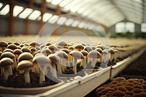 Mushroom cultivation, gardening concept. Growing row of organic mushrooms in greenhouse on farm.