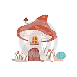 Mushroom fairy house of gnome or fairy, flat vector illustration isolated.