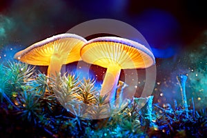 Mushroom. Fantasy glowing mushrooms in mystery dark forest