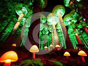 Mushroom. Fantasy Glowing Mushrooms in mystery dark forest close-up, Ai generated