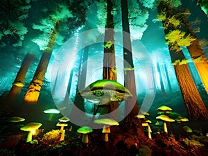 Mushroom. Fantasy Glowing Mushrooms in mystery dark forest close-up. , Ai generated