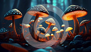 Mushroom. Fantasy Glowing Mushrooms in mystery dark forest close-up. Beautiful macro shot of magic mushroom
