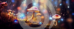 Mushroom. Fantasy Glowing Mushrooms in mystery dark forest close-up. Beautiful macro shot of magic mushroom, fungus