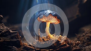 Mushroom. Fantasy Glowing Mushrooms in mystery dark forest close-up. Beautiful macro shot of magic mushroom, fungus