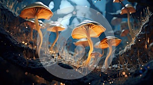 Mushroom. Fantasy Glowing Mushrooms in mystery dark forest close-up. Beautiful macro shot of magic mushroom, fungus