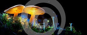 Mushroom. Fantasy glowing mushrooms in mystery dark forest