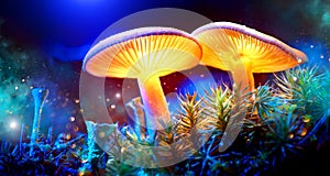 Mushroom. Fantasy glowing mushrooms in mystery dark forest