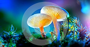 Mushroom. Fantasy glowing mushrooms in mystery dark forest