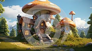 Mushroom fantasy house illustration, nature fairy home, fairy tale forest, magical, cottage, tree