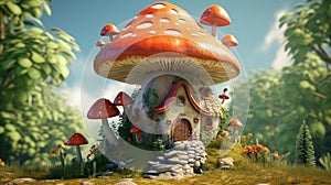 Mushroom fantasy house illustration, nature fairy home, fairy tale forest, magical, cottage, tree