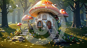 Mushroom fantasy house illustration, nature fairy home, fairy tale forest, magical, cottage, tree