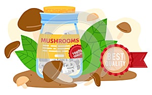 Mushroom farm canned food vector illustration, cartoon flat farmed best quality edible marinated champignon mushrooms in