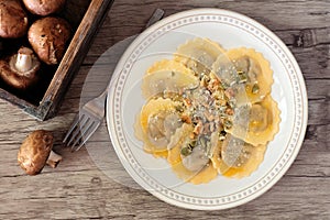 Mushroom filled ravioli pasta, overhead scene on wood