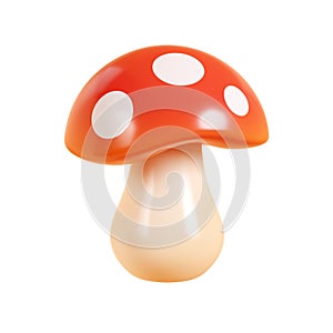 Mushroom fly amanita 3d render illustration. Cartoon autumn icon of fungus with light thallus and red spotted cap.