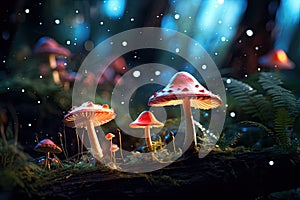 Mushroom in the forest with bokeh lights. Nature background, glowing mushrooms in a dreamy forest, AI Generated
