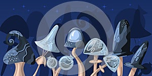 Mushroom forest on a dark background. Vector illustration of fairy mushrooms