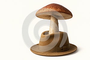 A mushroom growing from a felt hat. Space for text.