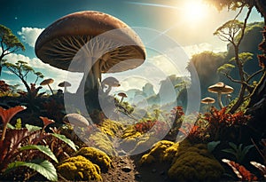 Mushroom growing in a landscape of a strange exoplanet