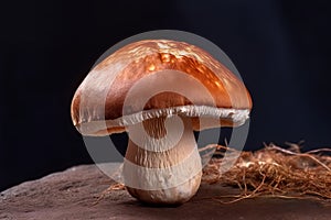 Mushroom growing on textured rock surface, beauty of natures and symbiotic relationships photo