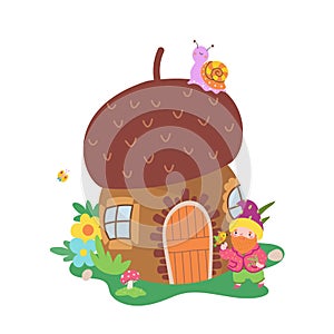 Mushroom house and dwarf, snail and bird. Cartoon magic childrens print, fantasy fairy tale forest vector composition