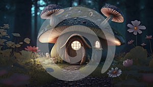 Mushroom house in the Enchanted Woods. Surreal mystical fantasy artwork. Generative AI