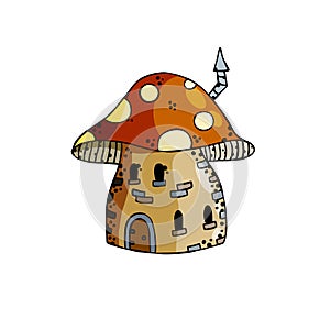 Mushroom house. Fairy tale children drawing